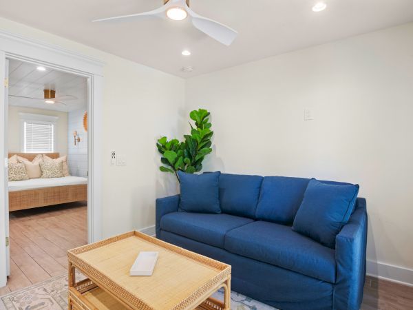 A living room with a blue sofa, a small coffee table, a plant, and a view of a bedroom with a bed in the background.
