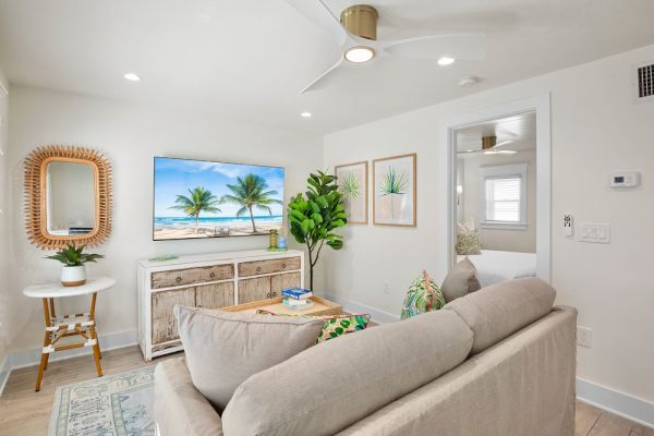 A cozy living room with a sofa, TV displaying a beach scene, plants, decorative pillows, and art, blending natural and modern elements.