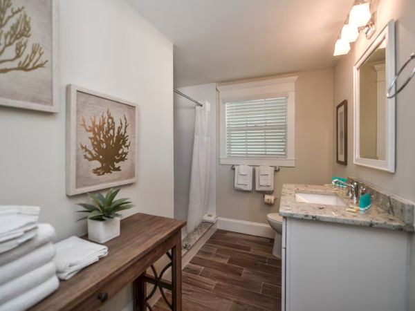 A bathroom with a shower, sink, and towels. Decor includes plant and art on walls. Natural light from a window with blinds.