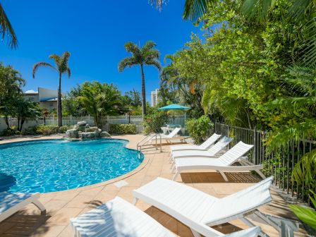 A serene swimming pool surrounded by palm trees and lounge chairs under a clear blue sky.