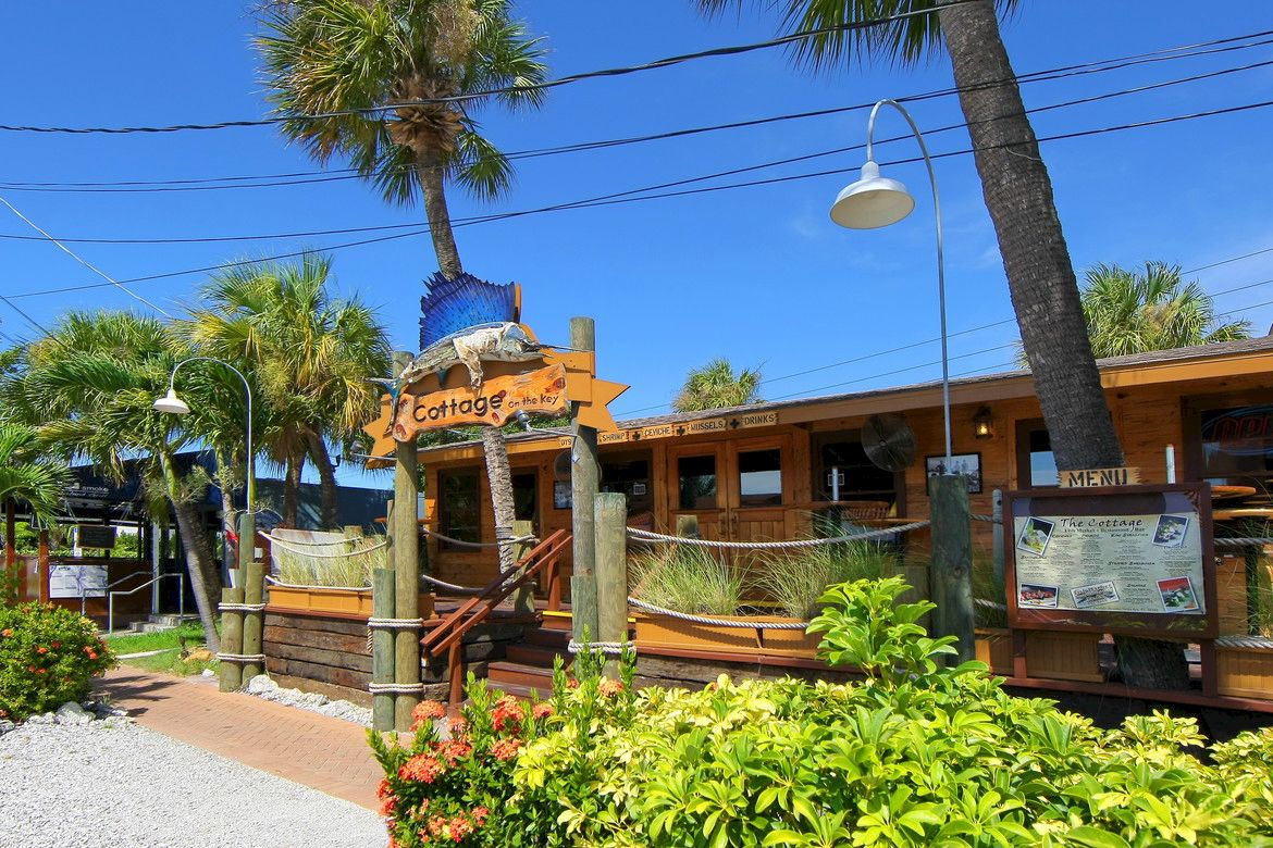 A tropical restaurant with a wooden exterior, surrounded by palm trees and greenery, under a clear blue sky.