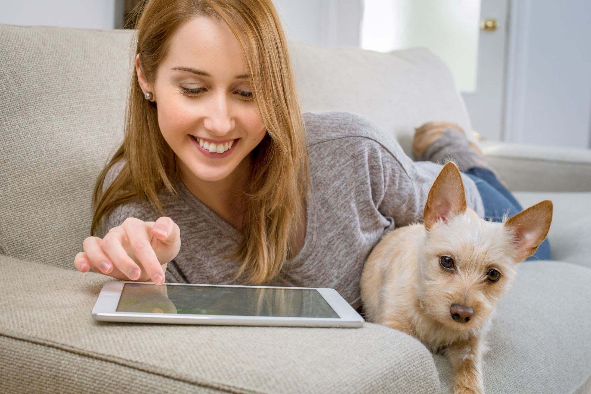A person is using a tablet on the couch, smiling, with a small dog lying beside them, also on the couch.