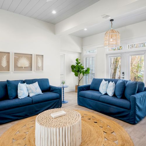 A modern living room with blue sofas, a round woven rug, and a wooden coffee table; art and a plant add decor.