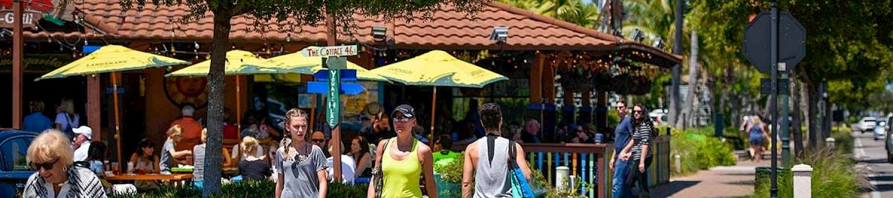 A busy street scene with people walking and dining outdoors under umbrellas on a sunny day, surrounded by trees and buildings.