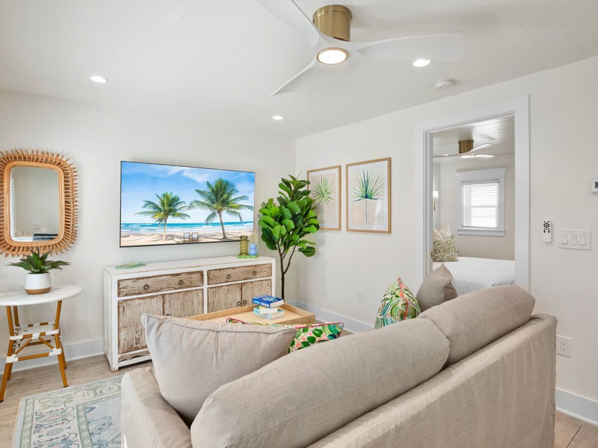 A cozy living room with a sofa, TV displaying a beach scene, potted plants, and a decorative mirror on a white wall.